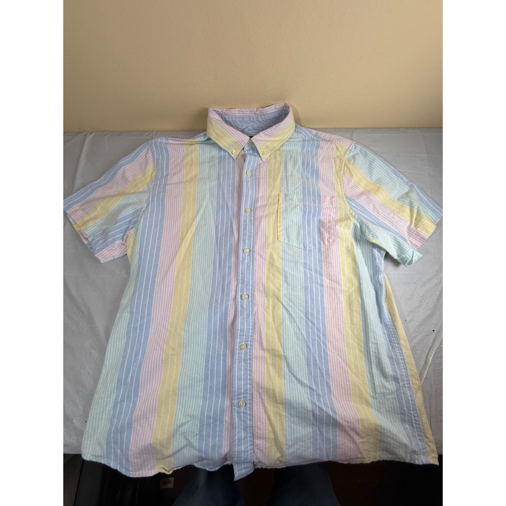 Chaps Mens XL Seacoast Wash Short Sleeve Button Down Pastel Striped Cotton Shirt